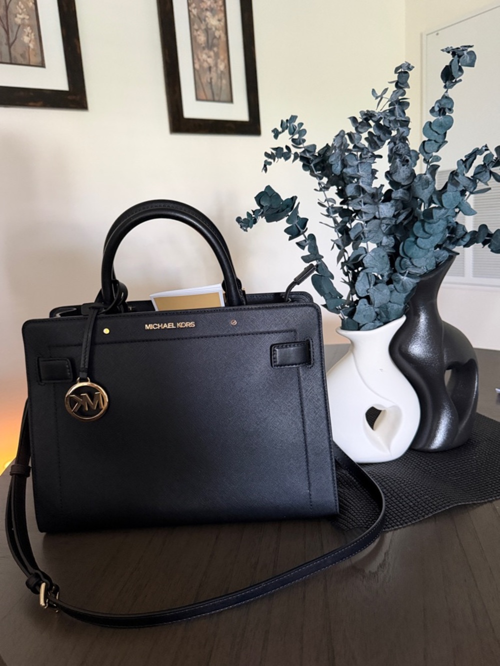 Michael Kors Black Saffiano Leather Satchel with Gold Logo Charm